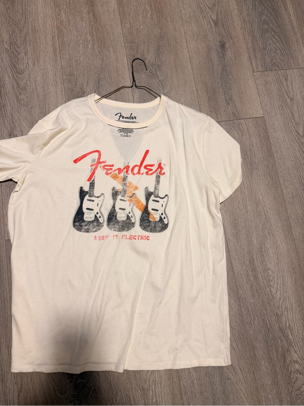 Fender Cream Short-Sleeve Tee with Red Logo and Black Guitar Graphic